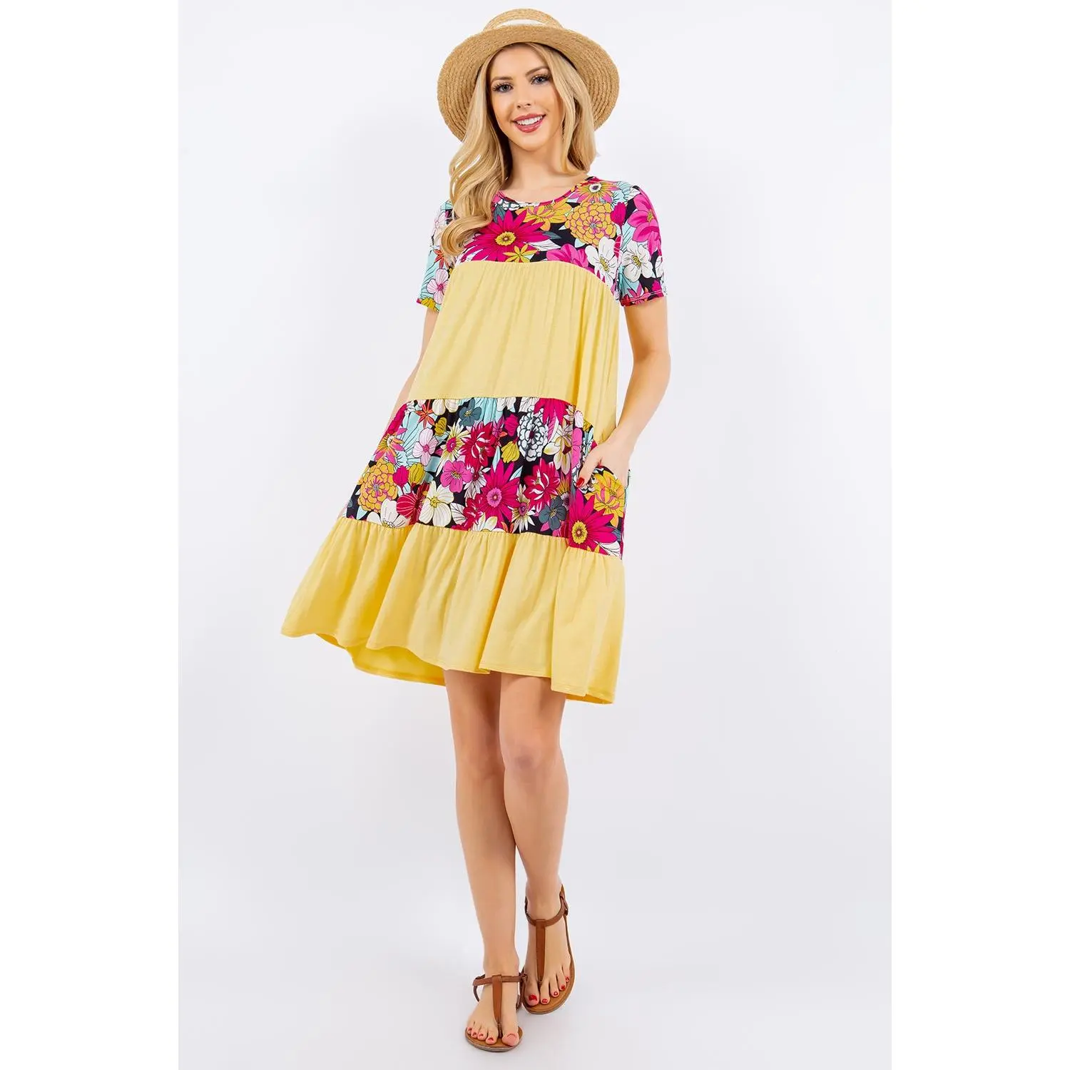 Celeste Full Size Color Block Floral Round Neck Short Sleeve Dress