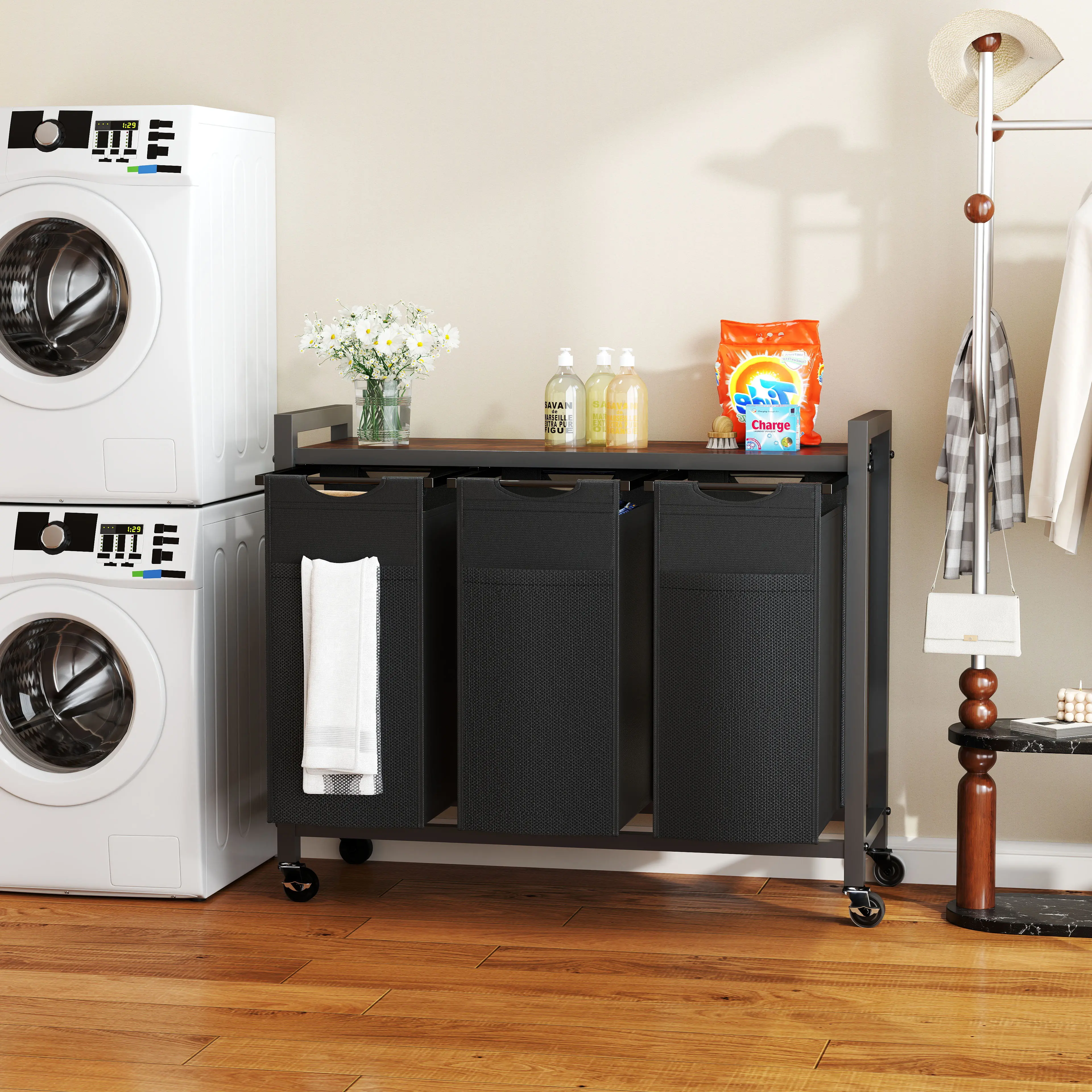 Rolling Laundry Hamper with Pull-Out Removable Bag, Freestanding Clothes Basket Organizer with Wheels, Laundry Sorter for Bedroom or Bathroom