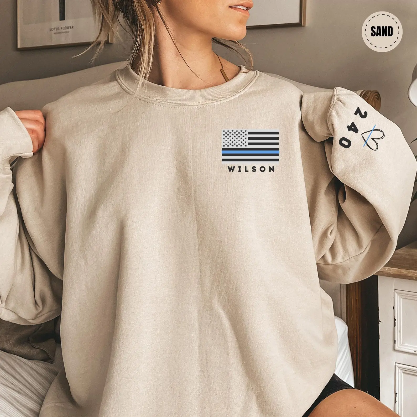 Custom Police Sweatshirt, Personalized Badge Number Hoodie , Thin Blue Line Crewneck Police Wife Mom Gift