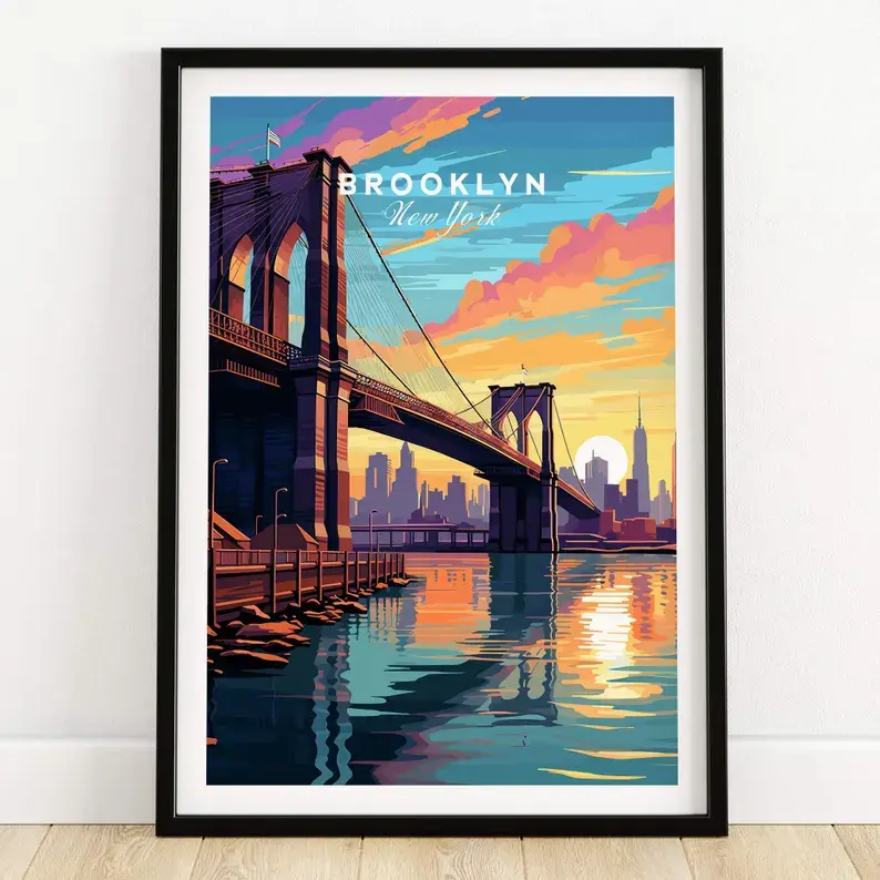(unframed) Poster Brooklyn Bridge Print Travel , Vintage New York Wall Art, Cityscape Decor, Gift for Travelers & New York Lovers