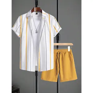 Men's 2-Piece Striped Casual Collared Neck Shortsleeve Top & Shorts Set, Minimalist Stretch Menswear Fabric with Pocket Detail, Summer Loungewear