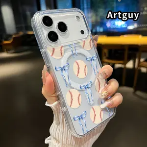 Ribbon and Baseball Pattern Pattern Magnetic Phone Case for iPhone 17 16  Pro Max Plus 15 14 13 12 11 Air E Non-Yellowing Clear Crystal Drop-proof Slim Silicone Shockproof Transparent Acrylic Large Hole Cover Supports Wireless Charging