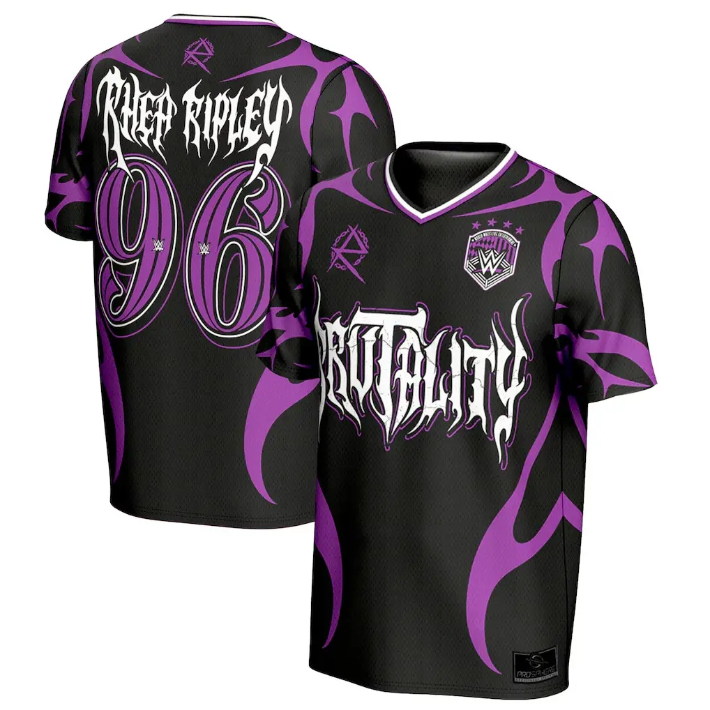 Rhea Ripley Brutality 96 WWE Soccer Jersey Black Purple Gothic Flame Tribal Print Metal Font Loose Casual Idol Fan Streetwear Gym Athletic Sport Shirt Fall Winter