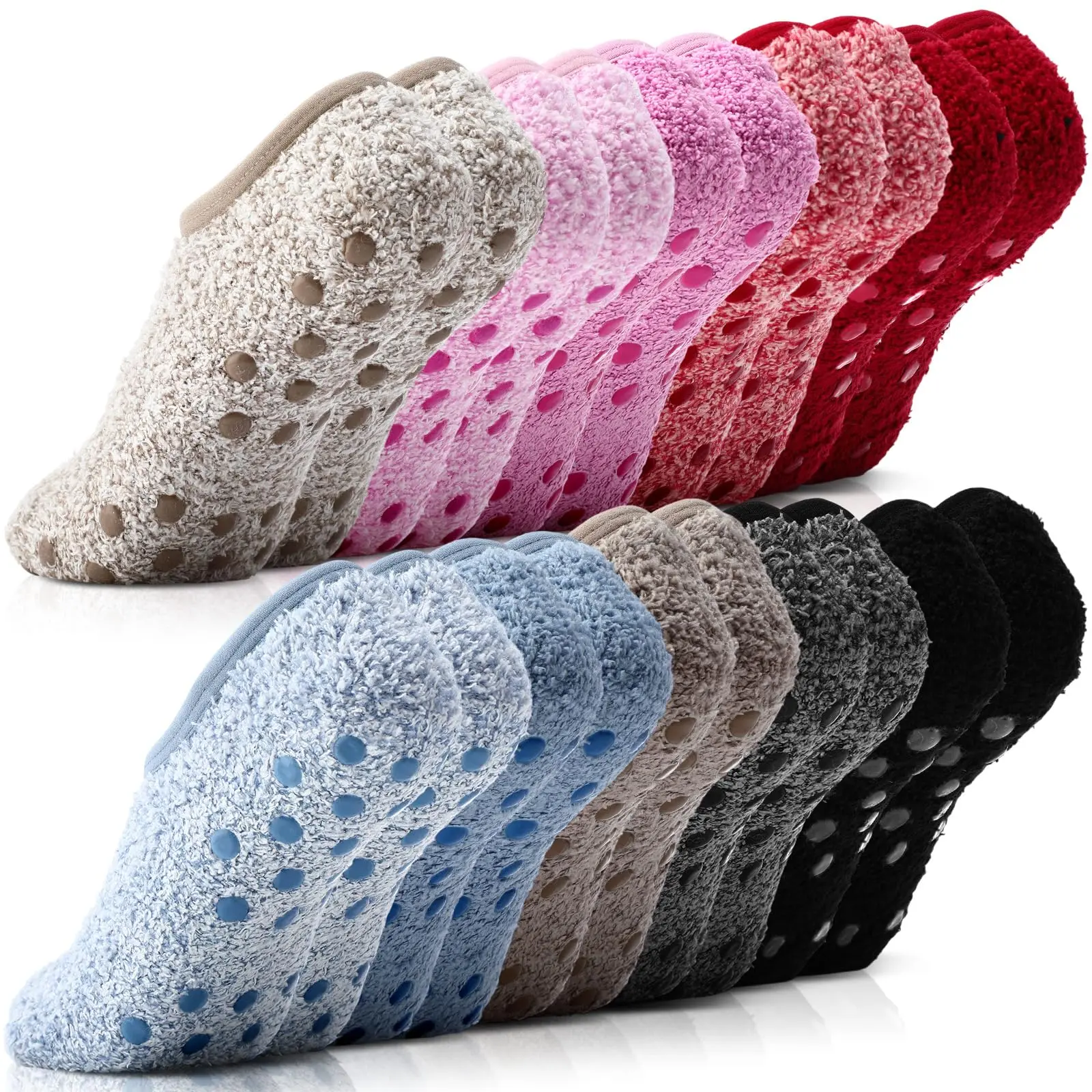 Women's 10 Pairs Plush Winter Slipper Socks - Cozy, Comfortable, Stretchy, Fuzzy, Non-Skid Grip, Fit Adult - Casual House, Home Yoga, Christmas Gifts
