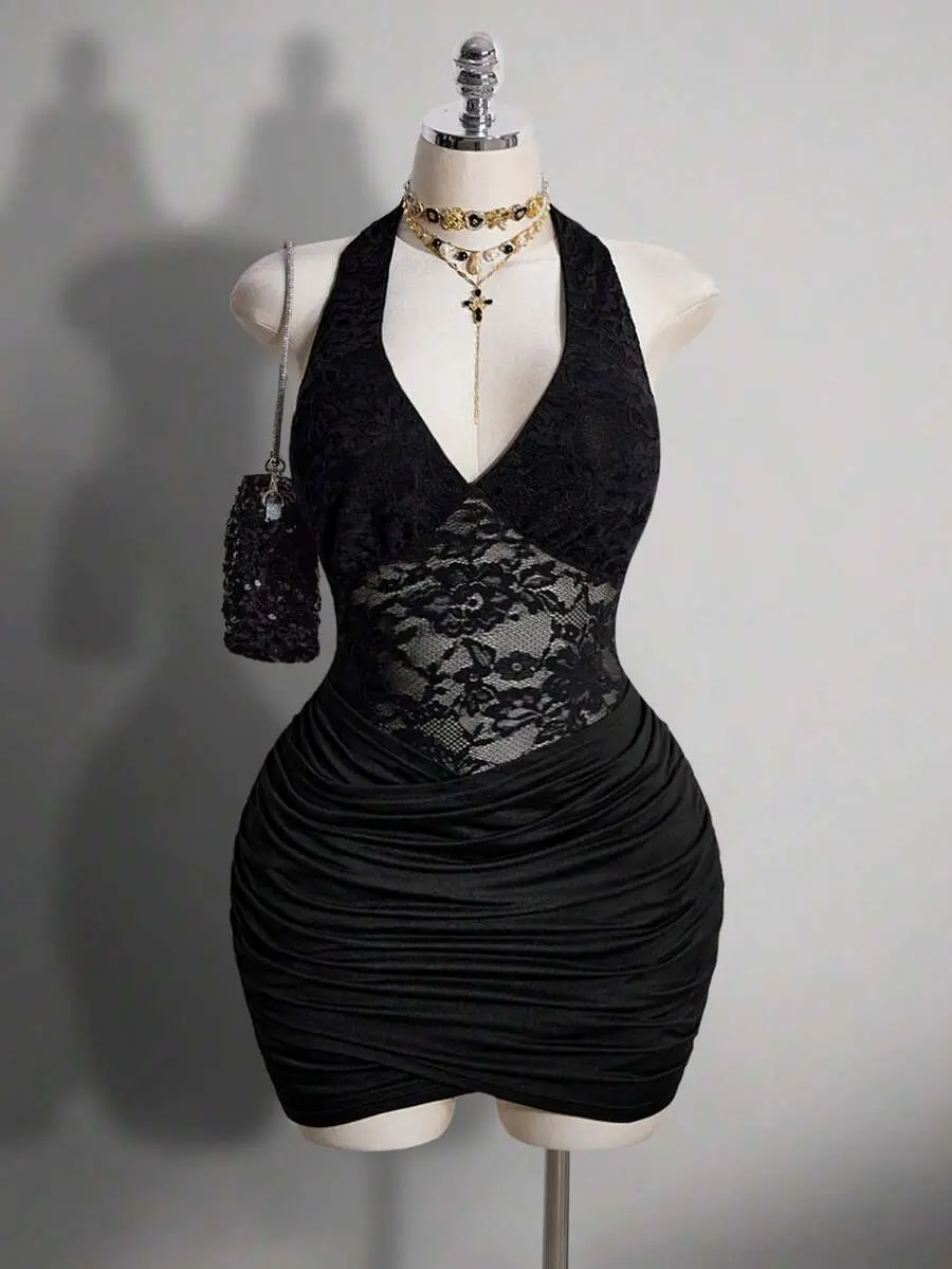 Plus Size V-Neck Halter Backless Waist Hollow Lace Patchwork Bodycon Dress,Black Summer Night Out Going Out Club Women's Formal Wear Party Outfits