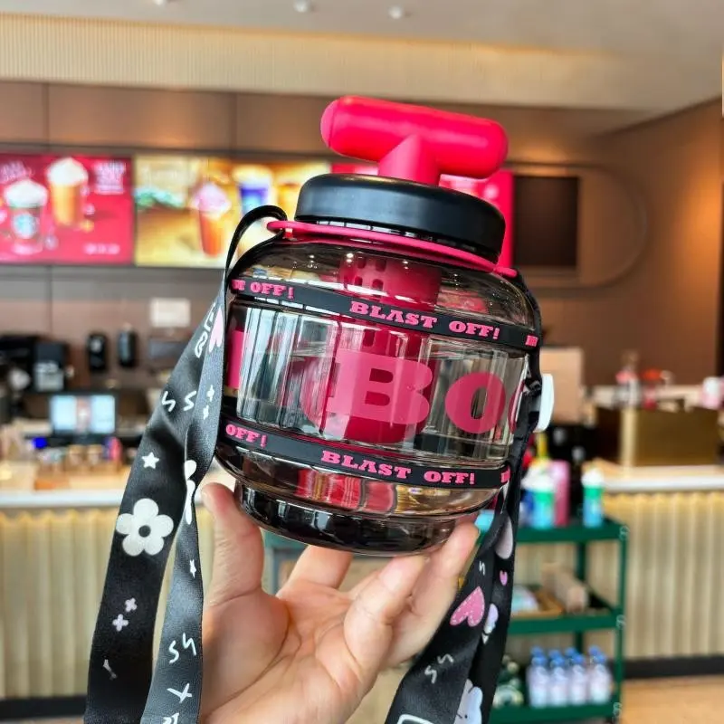 900ml/30.4OZ large-capacity water bottle with straw, plastic cup leak-proof portable kettle, outdoor strap straw carrying pot, macaron appearance design sports water cup, Lightweight Water Bottle, Workout Water Bottle