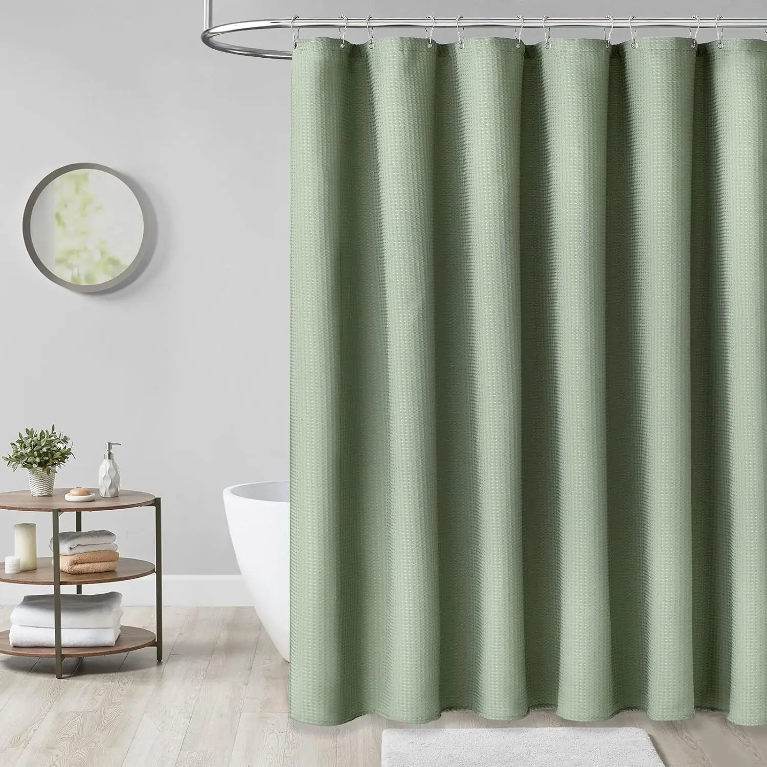 Green Shower Curtain - Waffle Textured Heavy Duty Thick Fabric Shower Curtains for Bathroom, 256GSM Luxury Weighted Polyester Cloth Bath Curtain Set with 12 Plastic Hooks，72Wx72H,Green
