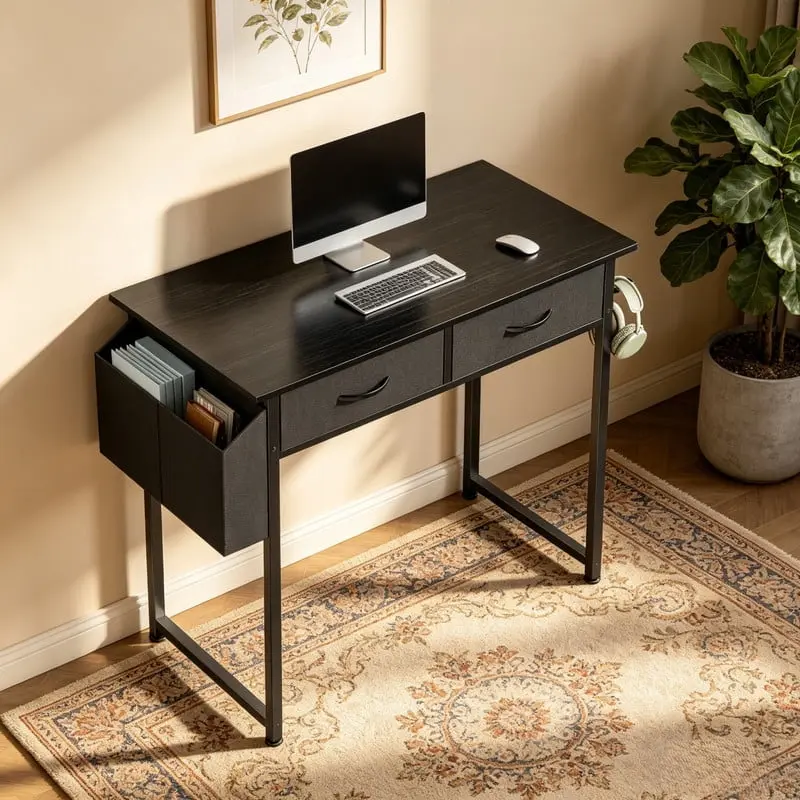 32" Small Home Office Desk with Fabric Drawers and Side Storage Bag, Writing Study Table with Headphone Hook and Adjustable Feet for Bedroom Dorm Room, Compact Computer Workstation for Tight Space Organization