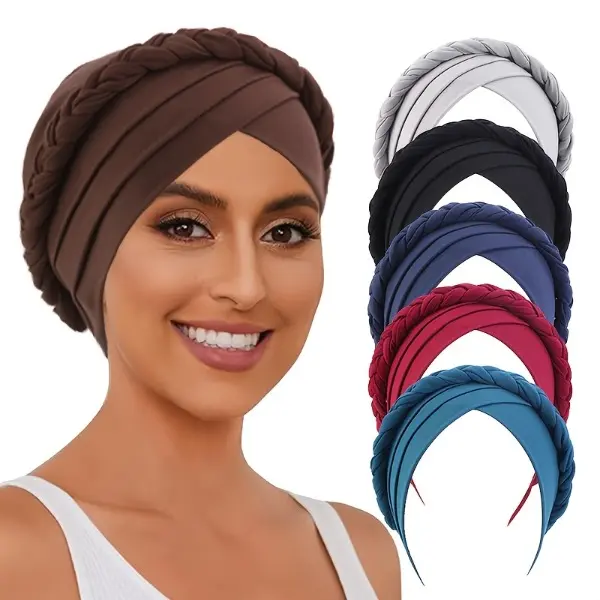 Women's Boho Head Scarf Set, 3/5-Piece Pre-Tied Turban Wraps with Twist Braid, Handmade Fashion Headwrap for Everyday Use, Boho Style Shawl, Scarf Head Wrap, 5Pcs Mixed, Fashion Hair Scarves, Boho Hair