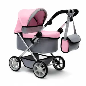 Beautiful Reborn Baby Doll Stroller, Pink and Gray Foldable Pram with Adjustable Hood, Storage Basket and Shoulder Bag, Lightweight Buggy for Dolls Up to 22 Inches, Girls Age 3+
