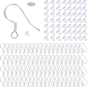Earring Hooks 100 Pcs / 50 Pairs 925 Sterling Silver Hook Ear Wires with 100 Pcs Clear Rubber Silicone Earring Safety Backs Stoppers DIY Jewelry Making