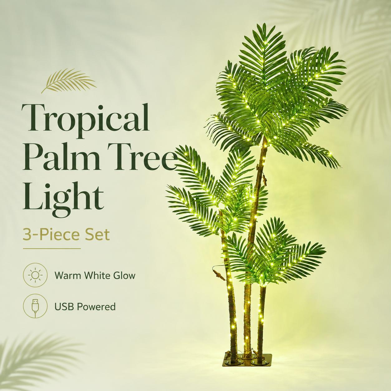 5-foot or 6-foot plastic LED faux palm tree — plug-in colorful outdoor landscape ambient light, tree-shaped Hawaiian-themed decor, suitable for outdoor patios, holiday parties, outdoor landscape lighting, and ambient lighting