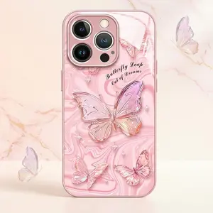 Aesthetic 3D Fluid Butterfly Phone Case Pink Hard Protective Cover for iPhone 16 Pro Max 15 Plus 14 13 17 Pro