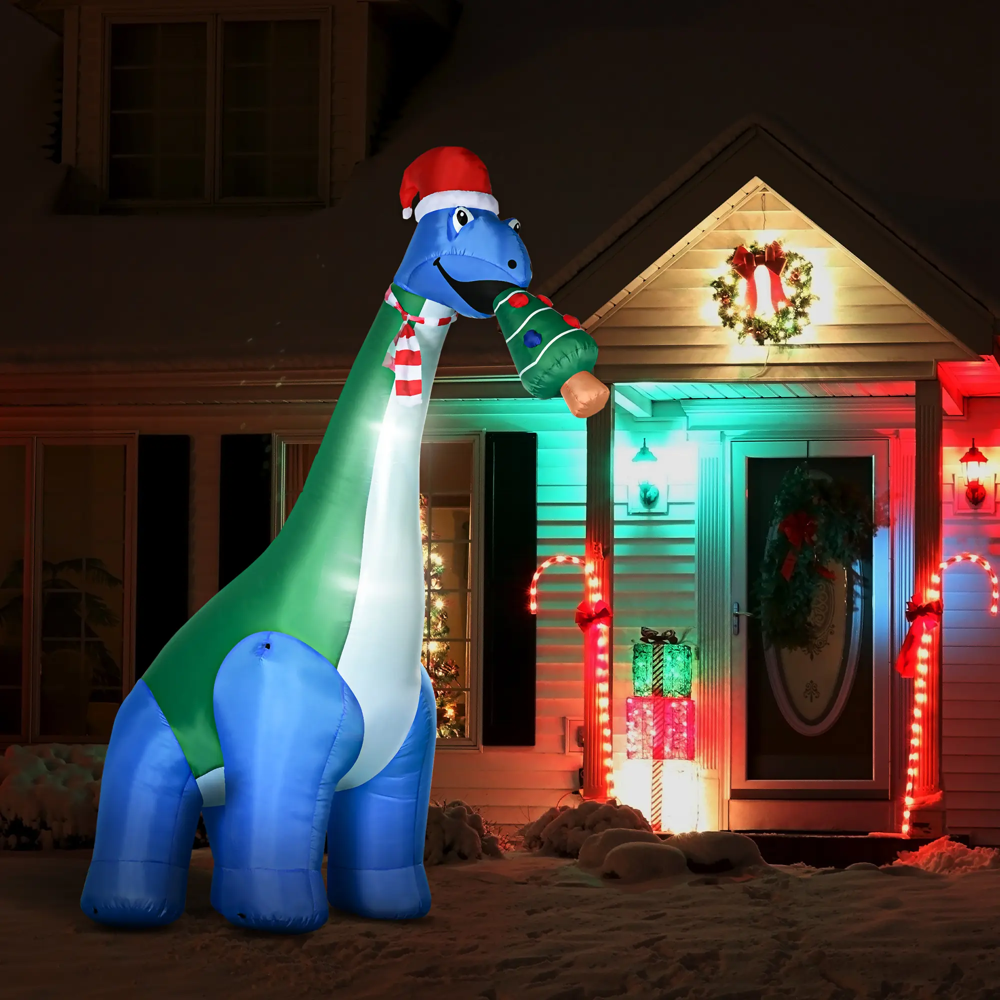 HOMCOM 11FT Long Christmas Inflatables Outdoor Decorations Dinosaur with Christmas Tree in Mouth, Blow-Up LED Yard Christmas Decor, Waterproof