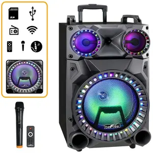 beFree Sound Rechargeable 12 Inch Bluetooth Portable Party Speaker with Party Lights, FM Radio and USB Charging Audio Devices Plug Wireless Smartphone Handle
