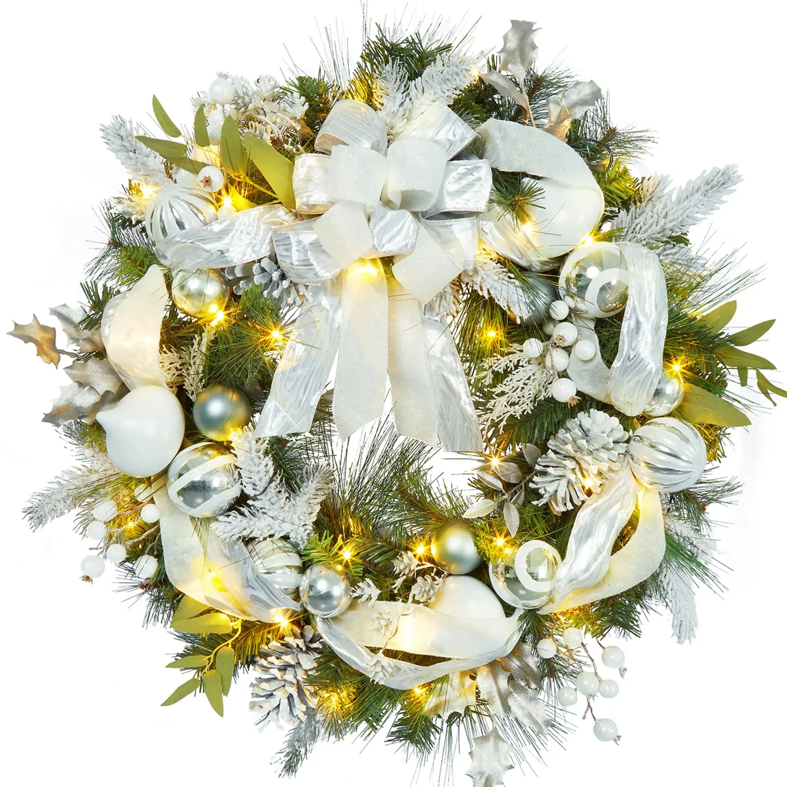 【GARVEE】30 Inch Prelit Christmas Wreath with 40 LED Lights, Featuring Christmas Balls, Pine Cones, and Bow, Perfect for Front Door Indoor and Outdoor Holiday Decoration