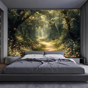 1pc Large Horizontal Floral Garden Wall Mural - Self-Adhesive Wallpaper-like Wallpaper for Home Decor, Party & Photo Studio Backdrop - Lush Green Forest Path with Pink Flowers, Green Foliage - Easy Peel & Stick Installation, No Electricity Needed, Durable