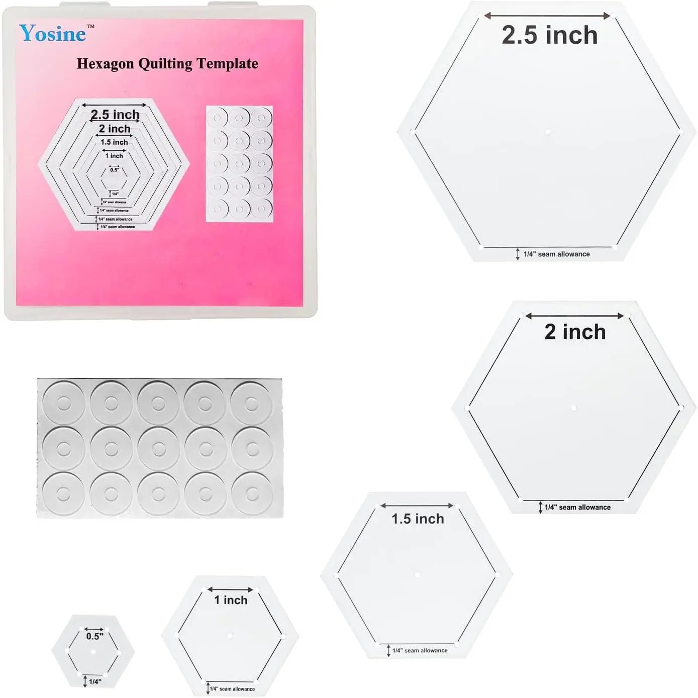 5-Piece Hexagon Quilting Template Set, Acrylic Rulers for Sewing and Patchwork, 0.5-2.5 in with 1/4 in Seam Allowance for Crafting Projects, 0.5-2.5 Inches, 5 Sizes, 5 Quilted Hexagon Templates