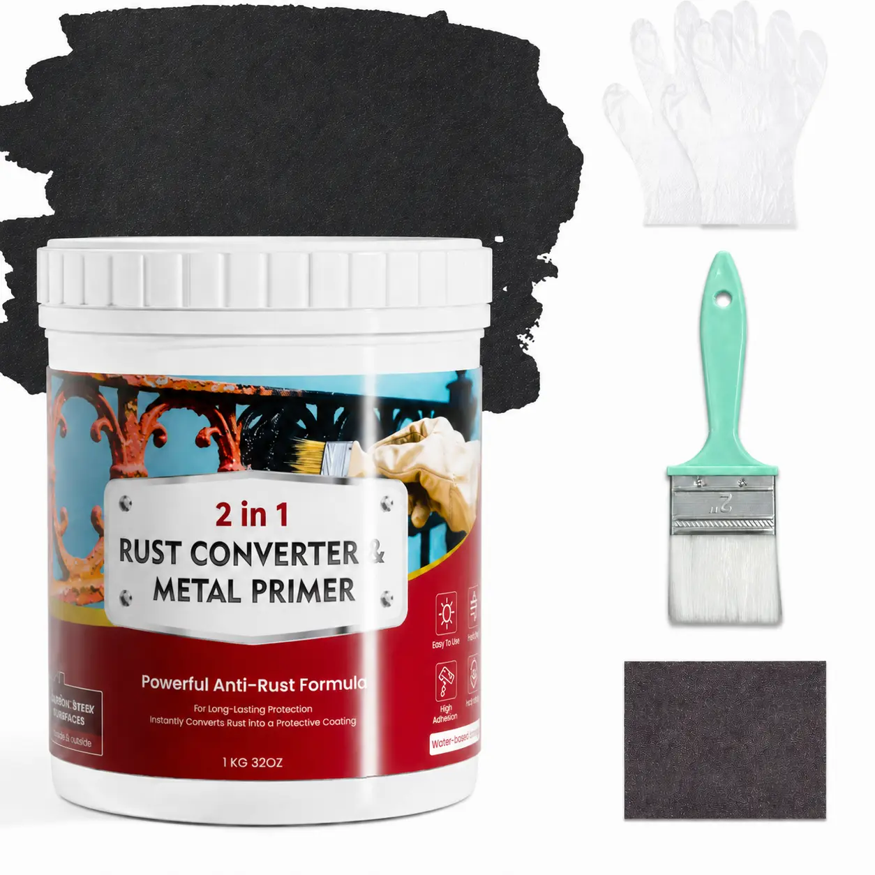 Rust Converter & Metal Primer, Liquid Water-Based Rust Treatment for Iron & Steel, Creates Durable Black Protective Layer, Indoor & Outdoor Anti-Rust Solution
