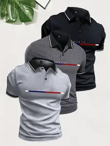 3-pack men’s summer lightweight Paris letter print short-sleeve polo shirts with button placket—fashionable casual sporty style for outings, work, golf, fishing, camping; great gift for boyfriend or husband; trendy holiday wear Menswear Shortsleeve Tops