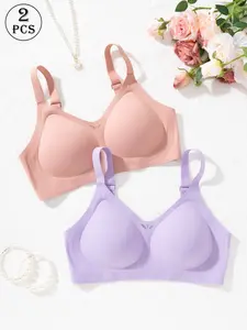 2-Pack Everyday Seamless Support Bras, Adjustable Strap Wireless Lingerie, Invisible Under Clothes Bra, Pink & Purple Casual Wear Set