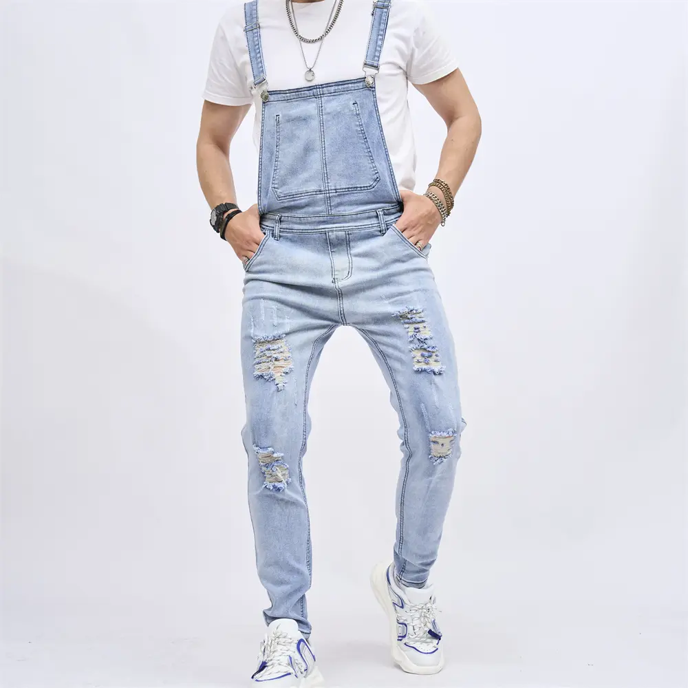 Men Streetwear Stylish Holes Stretch Slim Strap Jeans Motorcycle Biker Jeans Male Bib Overalls Jumpsuits Men's Denim Trousers Deals For You Days