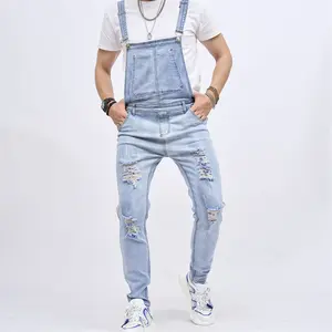 Men Streetwear Stylish Holes Stretch Slim Strap Jeans Motorcycle Biker Jeans Male Bib Overalls Jumpsuits Men's Denim Trousers