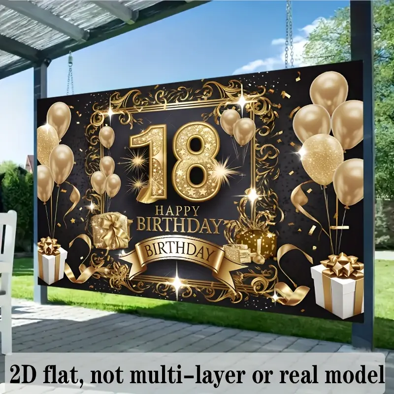 Elegant 18th Birthday Backdrop - Premium 100% Polyester Soft & Fade-Resistant Photography Banner with Gold Balloons, Gifts, Stars & "Happy Birthday" Text - Perfect for Home Decor, Party Celebrations & Photo Props, Birthday Party Decorations