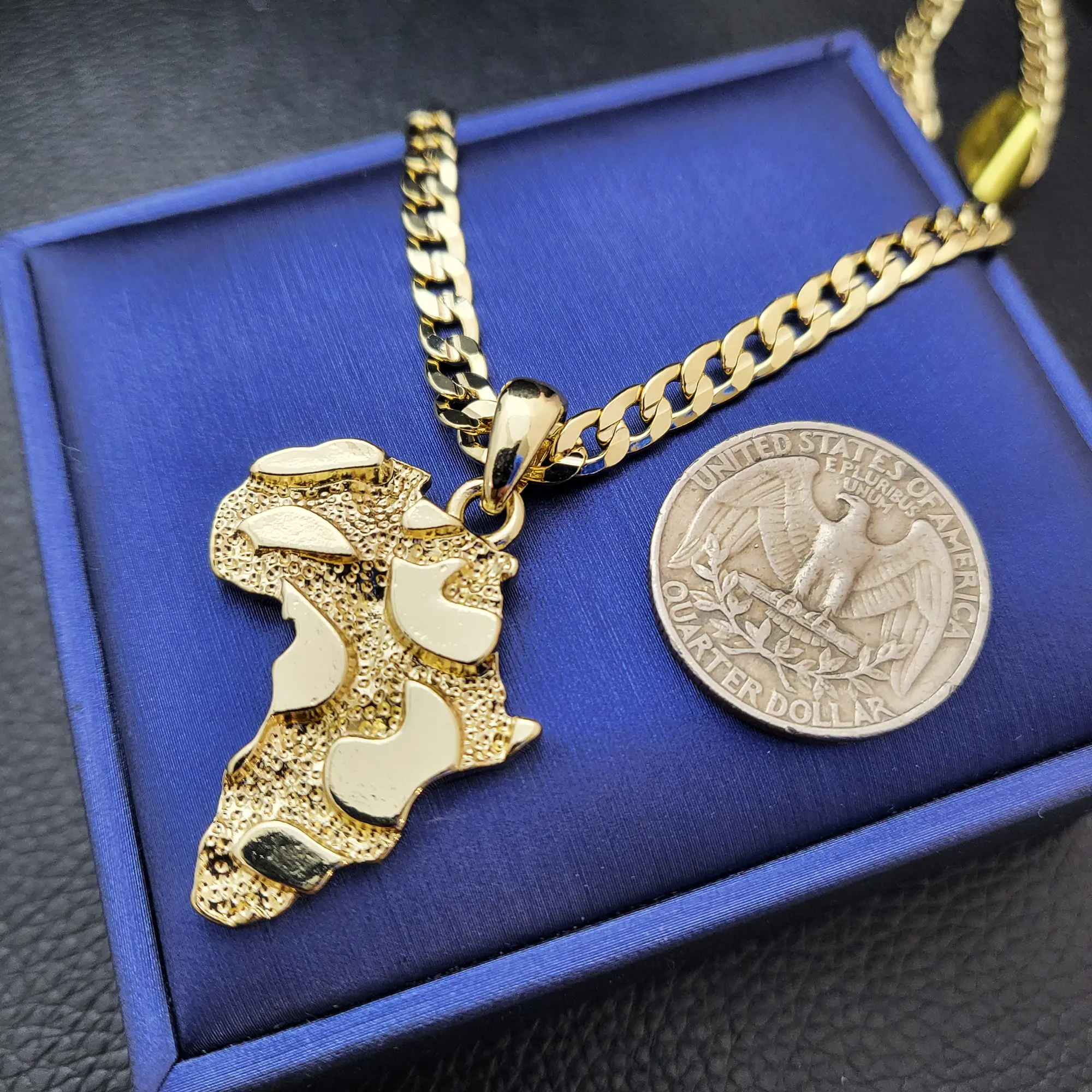 MaxBling81 Nugget Africa Map Pendant Necklace, 14K Stamped 5mm Cuban Link Chain (20" or 24"), Gold Plated Hip-Hop Inspired High-End Religious Fashion Costume Jewelry