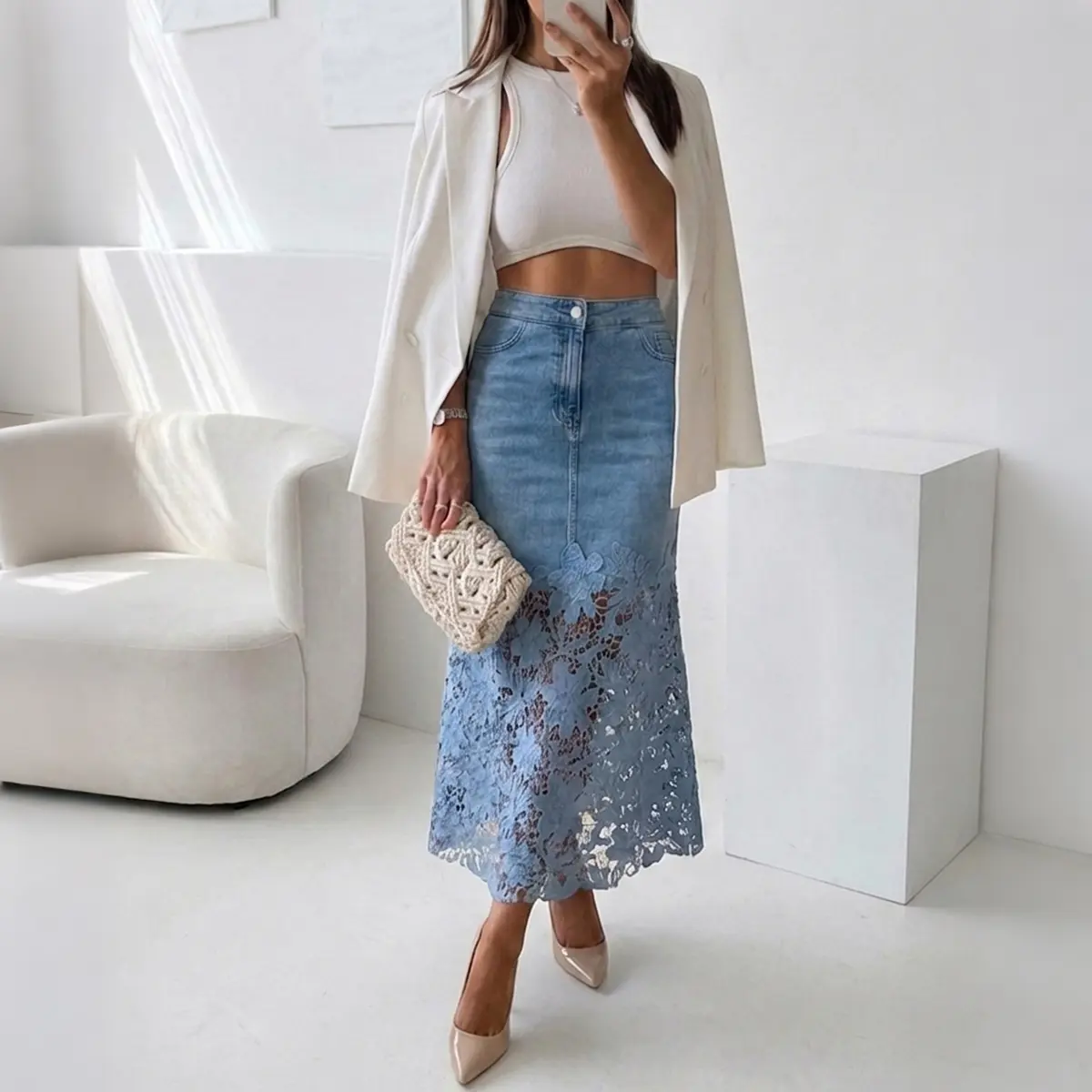 CHICME Women's Guipure Lace Spliced Denim Skirt High Waisted Jean Skirt French-Style Casual Skirt