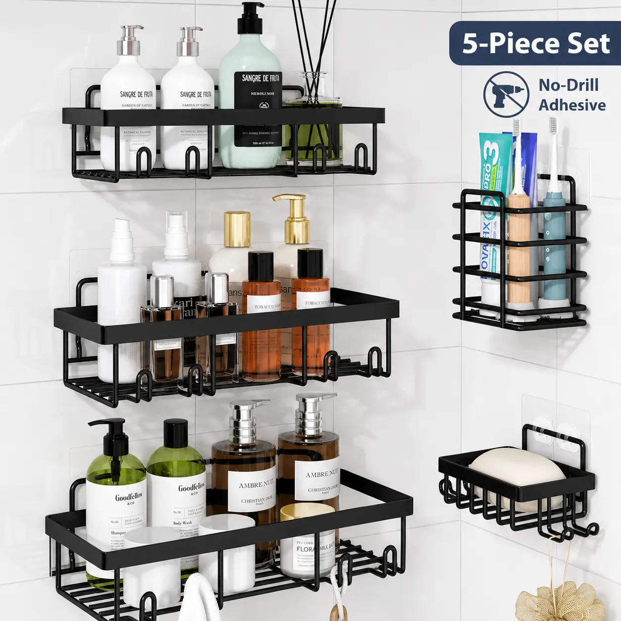 5-Piece Stainless Steel Shower Caddy Set, No-Drill Self-Adhesive Bathroom Organizer, Wall Mounted Shower Shelves with Soap Dish, Toothbrush Holder & Hooks, Rustproof Waterproof Storage Rack for Shampoo, Conditioner, Apartment Dorm Essentials