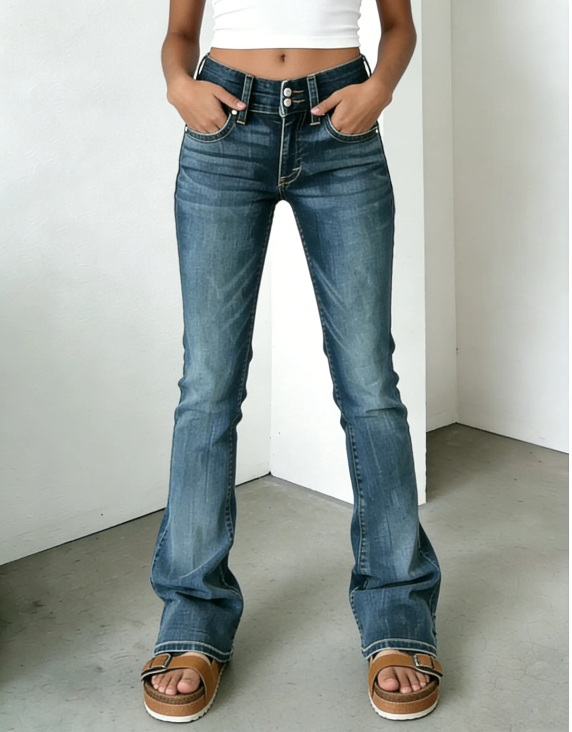 Straight Leg Jeans for Women Stretch Mid Rise Bootcut Denim Pants Lightweight Casual Vintage Wash Jeans with Pockets
