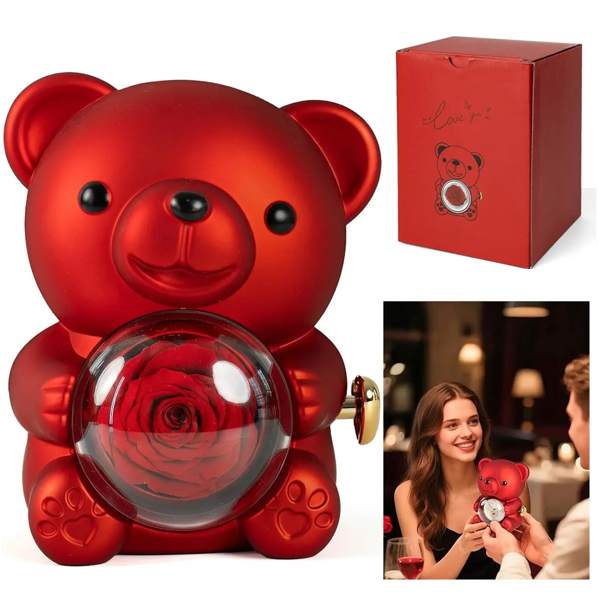 Cute Teddy Bear with Preserved Rose, Teddy Bear with Real Preserved Rose in Elegant Gift Box - Romantic Gift for Her, Mother's Day, Valentine's, Anniversaries, Weddings (Red)