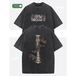 230g Washed Cotton Unisex T-Shirt - Dual-Sided GROW THROUGH IT & Floral Print, Retro Vintage Loose Fit Short Sleeve Top for Men & Women, Spring Summer Casual Wear boyfriend  tees