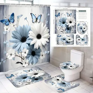 1/4pcs Blue & White Daisy Floral Bathroom Curtain Set, Shower Curtain Sets with Matching Toilet Cover & 2 Bath Mats, Nature-Inspired Spring Decor for Home, Bathroom Supplies, Bathroom Decoration Accessories, Bathroom Accessory
