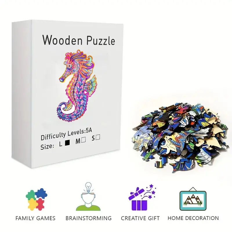 Colorful Mandala Seahorse Wooden Jigsaw Puzzle for Adults & Kids - Challenging Irregular Shaped Pieces, Psychedelic Sea Creature Puzzle, Stress Relief Brain Teaser, Framable Wall Art & Home Decor