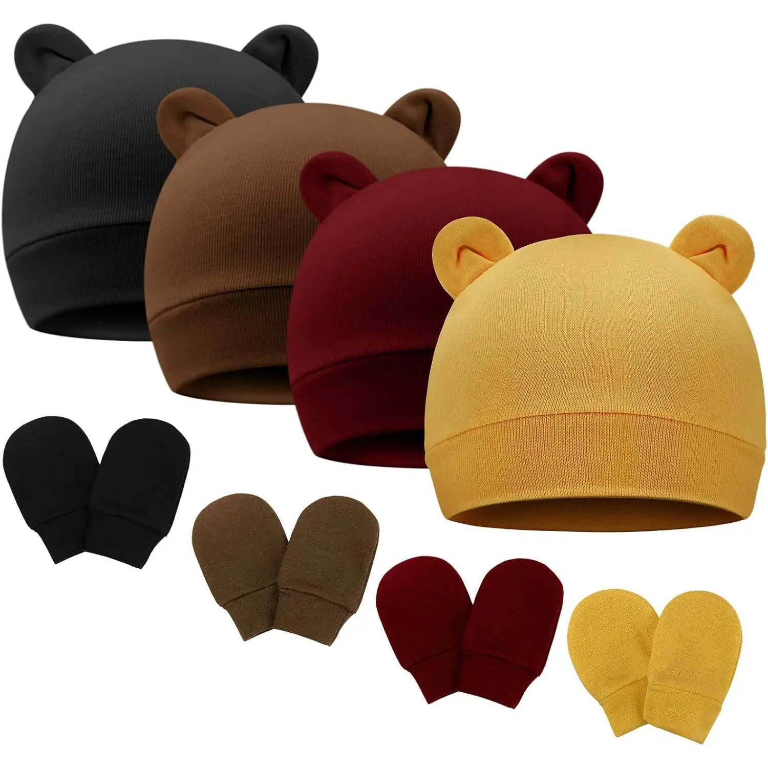 Organic Cotton Newborn Beanie and Mitten Set, 4-Pack Solid Color Bear Ear Hospital Caps with Scratch Mitts for Baby Boys & Girls, Beanies, Breathable Beanie