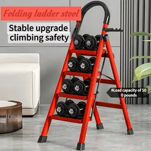 1 Red Heavy-Duty 4-Step Portable Folding Ladder, 500 lbs Load Capacity, Durable Metal Folding Ladder with Anti-Slip Pedals, Handrails, Safety Locking Clips, Lightweight and Easy to Carry, Suitable for Various Household and Industrial Applications.