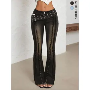 Women's Low Waist Bell-Bottom Jeans With Big Sun Logo Button And Eyelets Big Belt,Comfortable Stretch Denim Jeans,Patchwork Fringe Washed Vintage Long Pants, Casual Denim Trousers for Everyday Wear