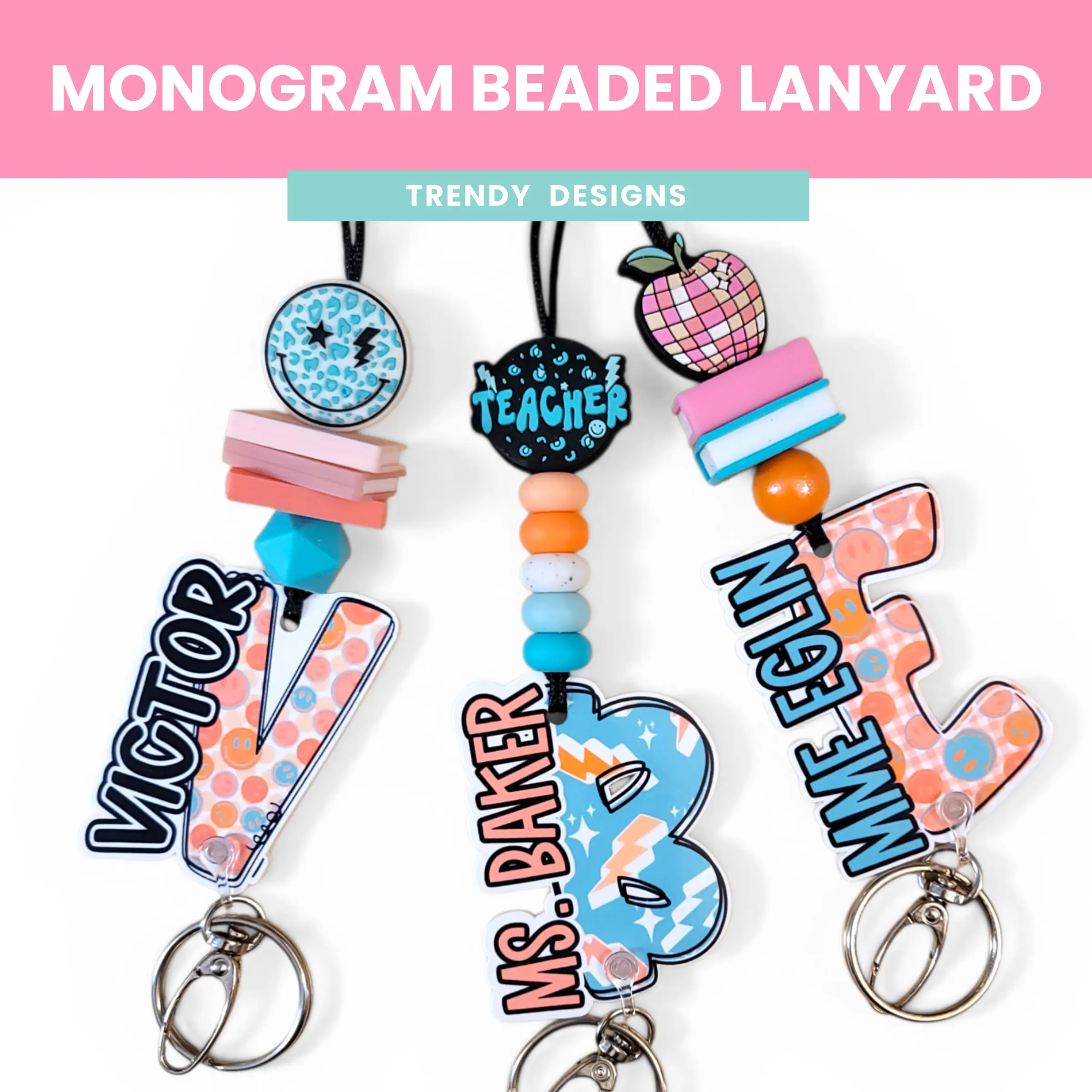 Mommie Peas Creations Personalized Beaded Teacher Lanyard - Custom Name/Monogram ID Badge Holder for Adults, 2.5 in Acrylic Plate, 3mm Durable Cord, Bold Letters, Safety Clasp, Lightning Strikes Design, Heavy-Duty Hardware, Nurse/Teacher Appreciation Gift