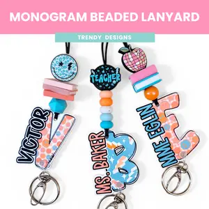 Mommie Peas Creations Personalized Beaded Teacher Lanyard - Custom Name Monogram ID Badge Holder, 2.5in Acrylic Nameplate (2.5" Letters), 3mm Durable Plate, Bold Visible Letters, Safety Clasp, Teacher Appreciation Gifts