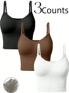 Women's 3-Piece Solid Color Adjustable Strap Seamless Sports Tank Tops, Breathable Activewear for Indoor and Outdoor Use, Comfortable Tight-Fitting Clothing for Gym Workout