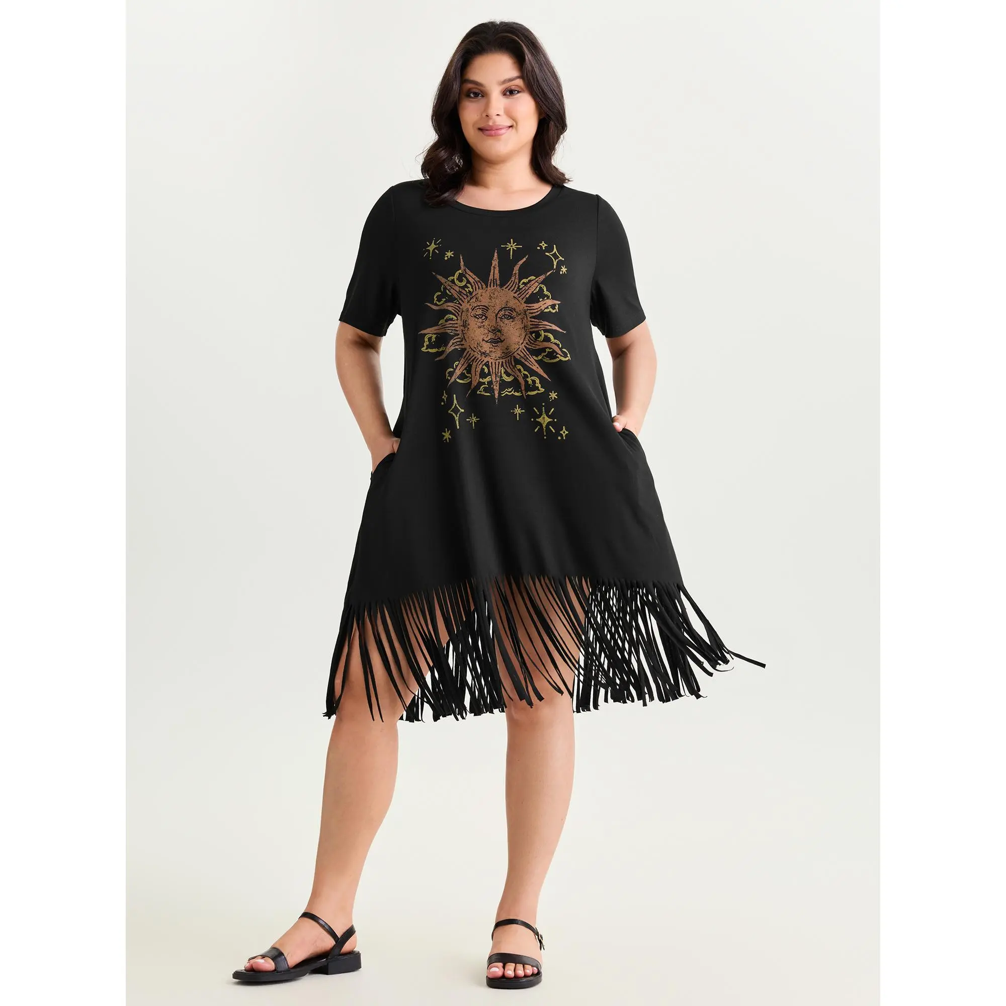 BloomChic Plus Size Sunkissed Print T-Shirt Dress, Casual Short Sleeve Midi with Fringe Hem in a Soft Polyester Blend, Fabric, Plus Size Clothes, Curvy Clothing, Curvy Women Plus Size
