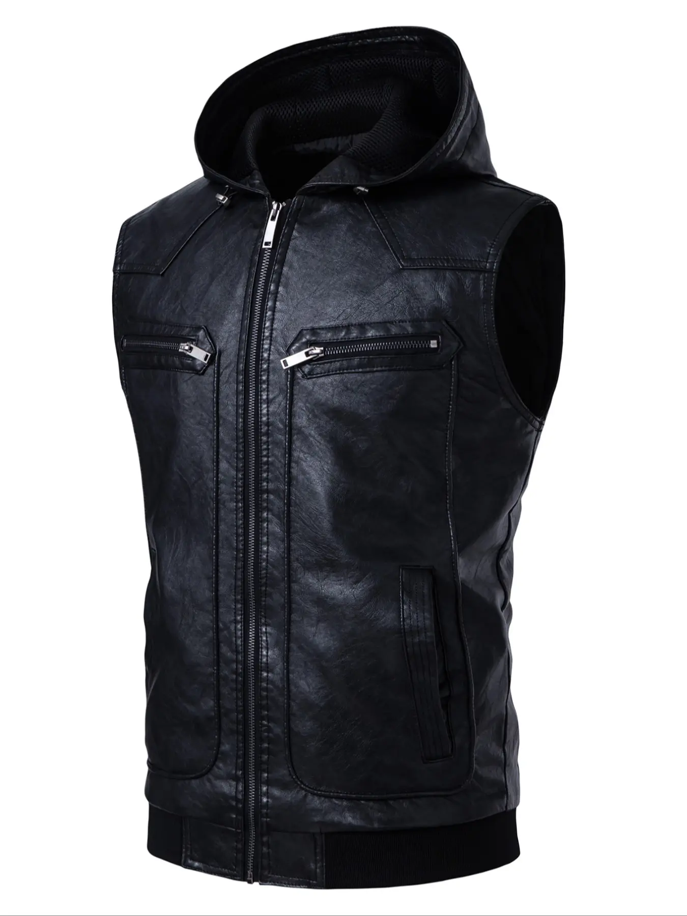 Men's Casual Fitted Hooded Vest Waistcoat Gilet Jacket Leather Coat, Sleeveless Solid Color Plain Versatile Outerwear, Stylish, Minimalist and Comfortable Fashion