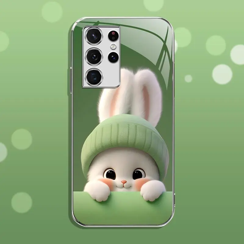 Luxury Electroplated Glass Smartphone Case for Galaxy S21 Ultra 5G - Light Green Rabbit Panda Design, Handheld Cellphone Protection for Compatible Devices - 975