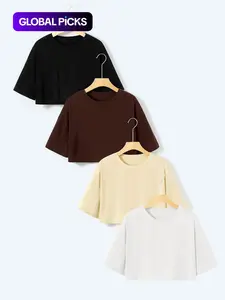Women's Casual Basic Loose-fit Short Sleeve Cropped Knit T-shirt, Summer, Plain Pattern, Fashion Top for Daily Wear, Gym, Yoga, Running, Streetwear