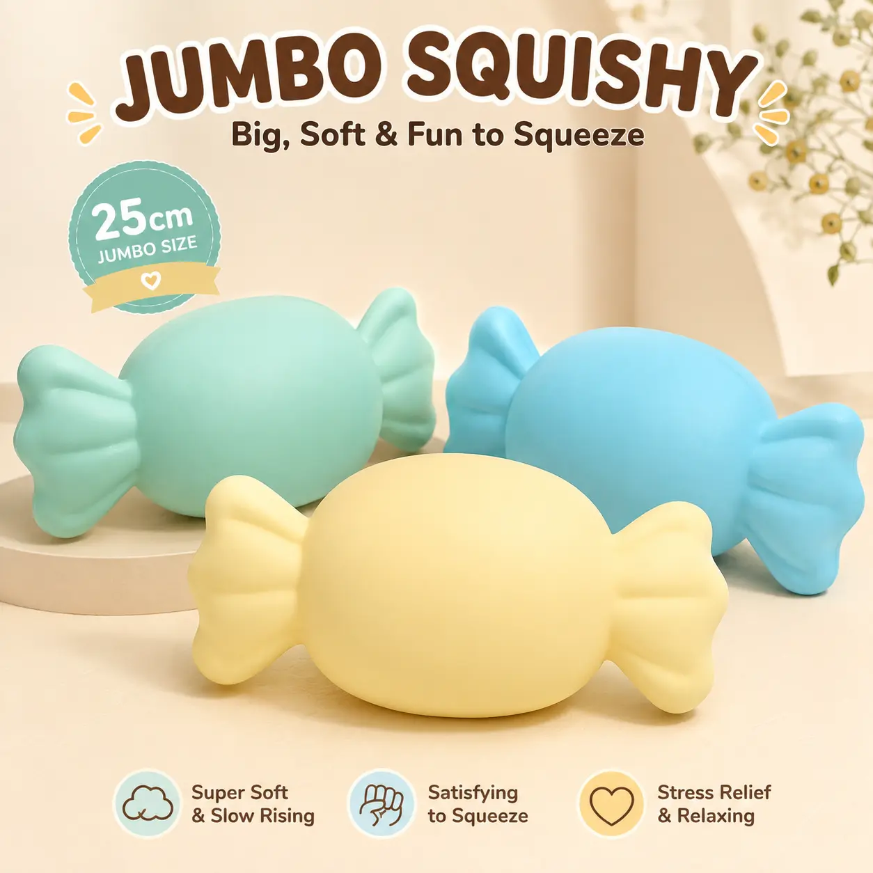 25cm Jumbo Candy Squishy, Giant Wrapped Candy Squeeze Toy with Shaving Cream Filling, Soft TPR Stress Relief Sensory Fidget Toy for Kids and Adults
