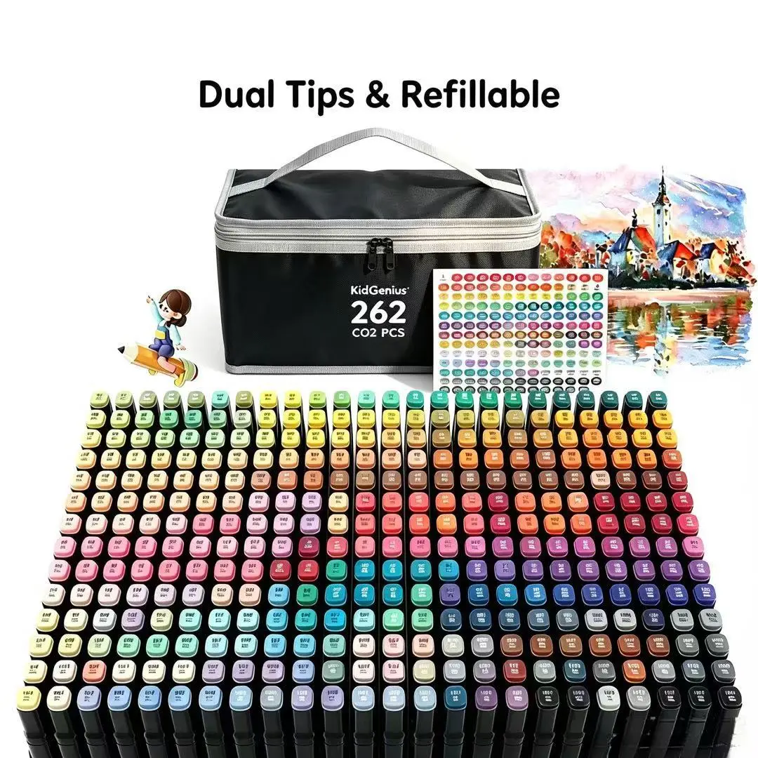 KIDGENIUS Dual Tip Alcohol-Based Art Markers Starter Kit (120/168/262 Colors) - Waterproof Craft Supplies, Colorful Set with Carrying Pouch & Color Chart for Drawing Beginners