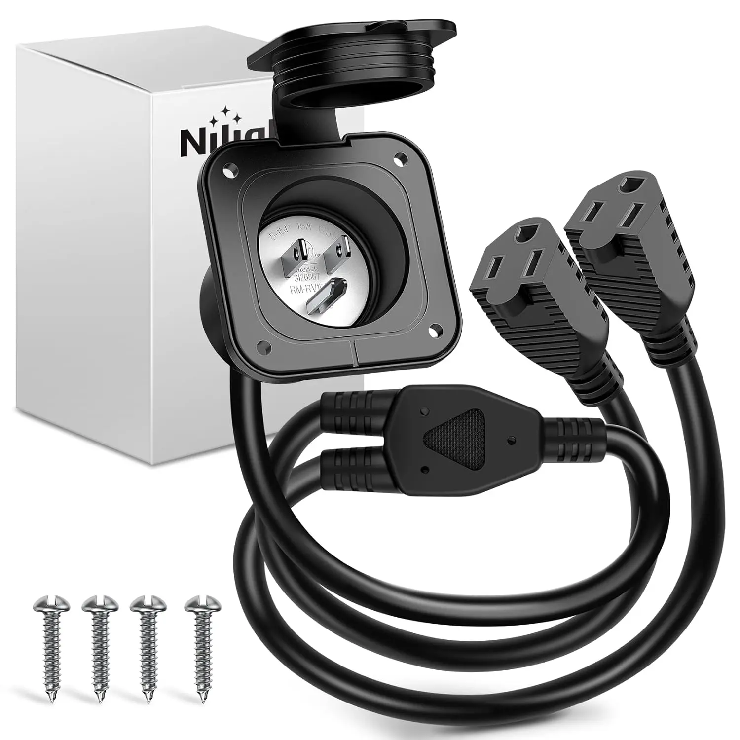 Nilight ETL Listed 15A NEMA 5-15P RV Power Flanged Inlet, 125V AC Shore Receptacle Wall Outlet Extender with 2 NEMA 5-15R Female Outlets for Campers, Generators, 15 Amp