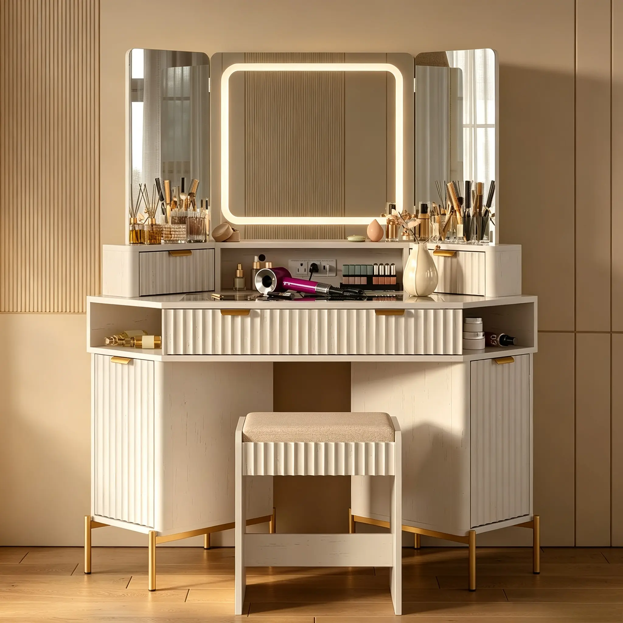 48-Inch Traditional Fluted Solid Wood Vanity Desk - Sturdy Stable Corner Makeup Vanity with LED Mirror, Glass Top, USB Charging, Drawers, Storage Cabinets, Simplified Instructions for Bedroom Beauty Rituals, Simplified With Instructions